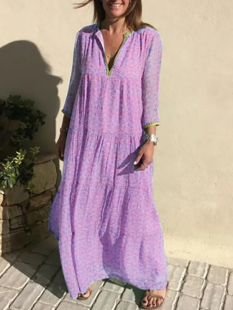 Purpdrank - Fashion V Neck Boho Long Dress Women Vintage Printed Loose Party Dresses Summer Casual Long Sleeve Beach Dress Vestidos