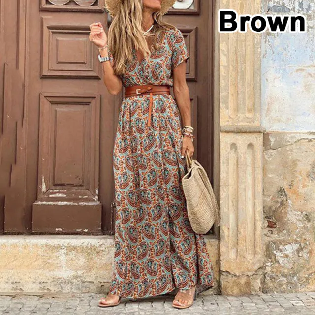 Purpdrank - Summer Boho Long Dress Women Casual Paisley Print Belt Maxi Dress Elegant V Neck Short Sleeve Women&#39;s Beach Dress Vestidos