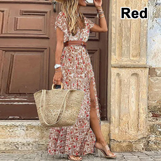 Purpdrank - Summer Boho Long Dress Women Casual Paisley Print Belt Maxi Dress Elegant V Neck Short Sleeve Women&#39;s Beach Dress Vestidos