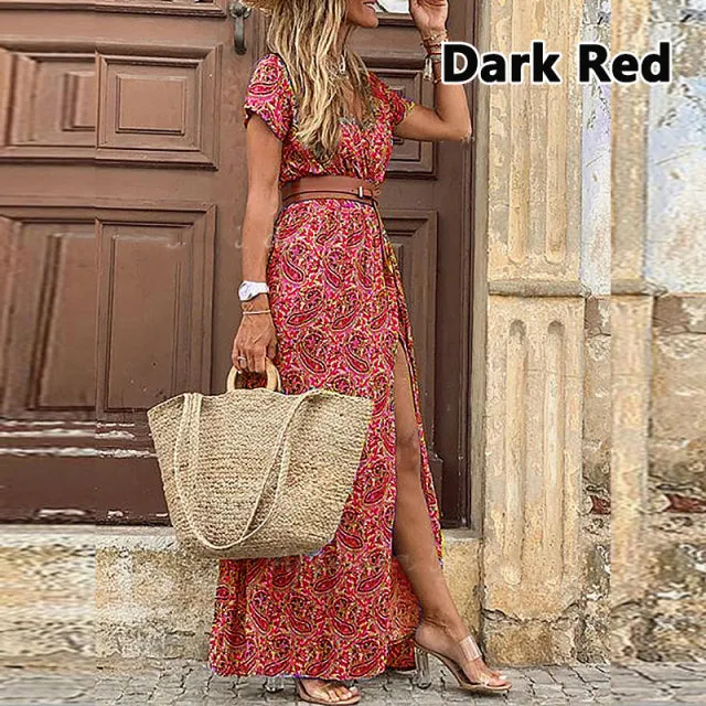 Purpdrank - Summer Boho Long Dress Women Casual Paisley Print Belt Maxi Dress Elegant V Neck Short Sleeve Women&#39;s Beach Dress Vestidos