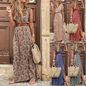 Purpdrank - Summer Boho Long Dress Women Casual Paisley Print Belt Maxi Dress Elegant V Neck Short Sleeve Women&#39;s Beach Dress Vestidos