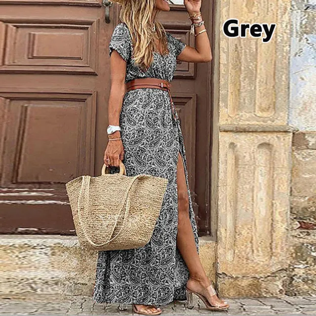 Purpdrank - Summer Boho Long Dress Women Casual Paisley Print Belt Maxi Dress Elegant V Neck Short Sleeve Women&#39;s Beach Dress Vestidos