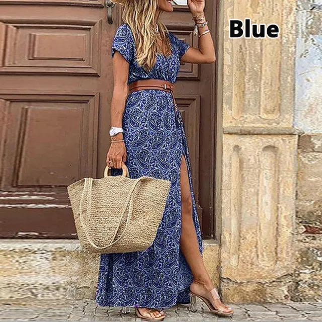 Purpdrank - Summer Boho Long Dress Women Casual Paisley Print Belt Maxi Dress Elegant V Neck Short Sleeve Women&#39;s Beach Dress Vestidos