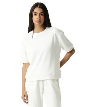 Rareism Women Coco Off White Cotton Fabric Half Sleeves Relaxed Fit Solid Round Neck Sweat Tee