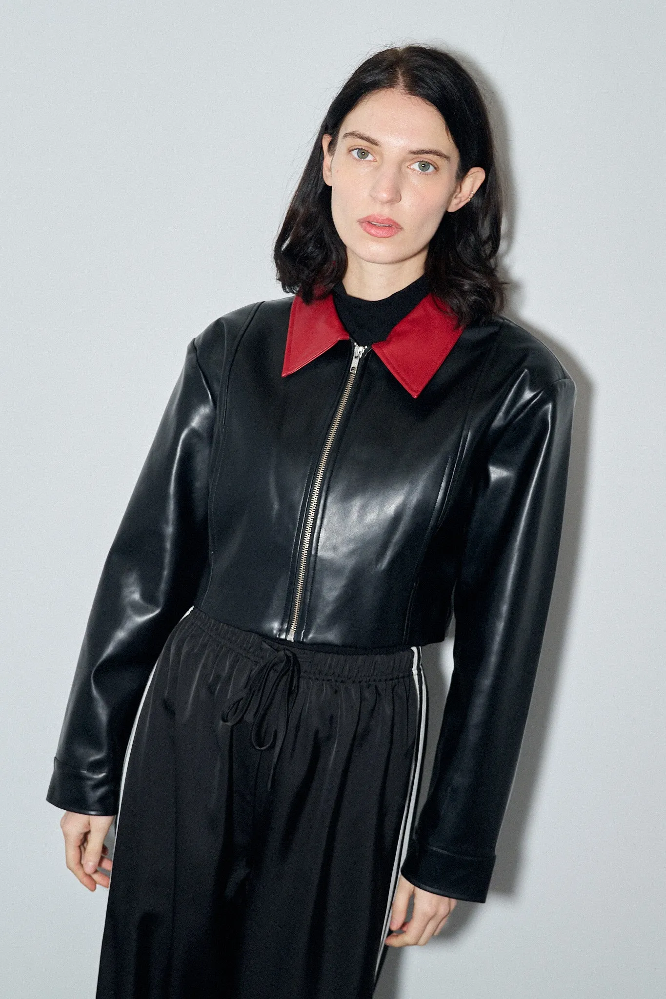 Red Collar Plant Leather Crop Jacket