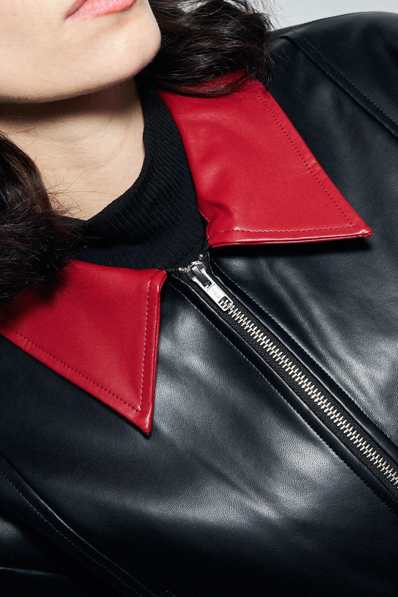 Red Collar Plant Leather Crop Jacket