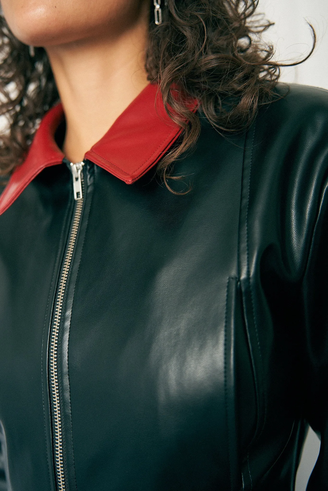 Red Collar Plant Leather Crop Jacket