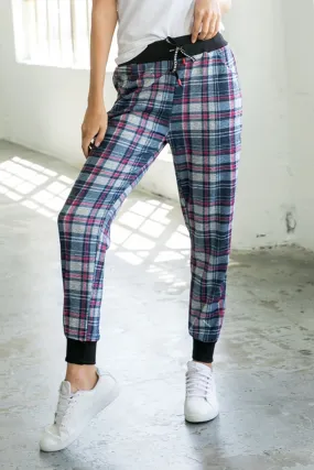 Red Jazz Plaid Print High Waisted Drawstring Jogger