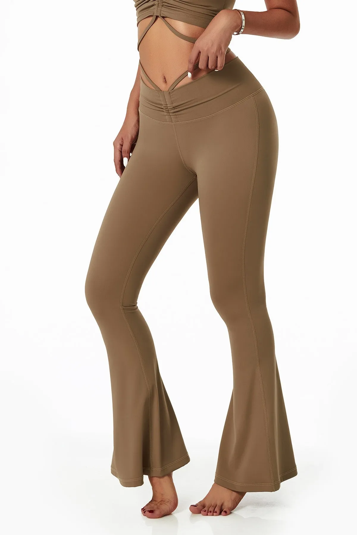 Ruched Front Waist Tie V-Cut Flared Leggings