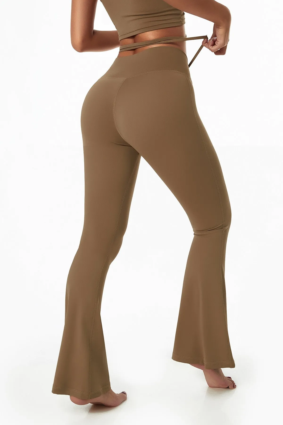 Ruched Front Waist Tie V-Cut Flared Leggings