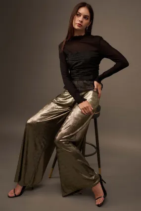 Solid Gold Metallic Wide-Leg Palazzo Pants