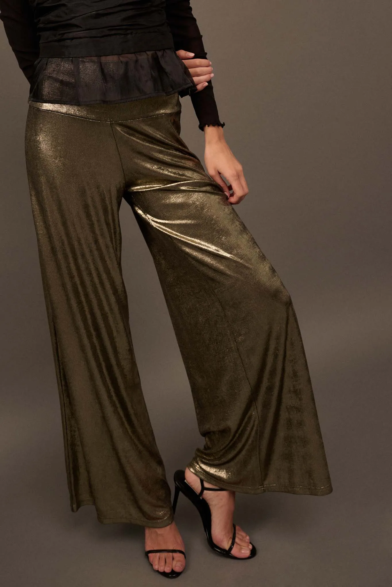 Solid Gold Metallic Wide-Leg Palazzo Pants