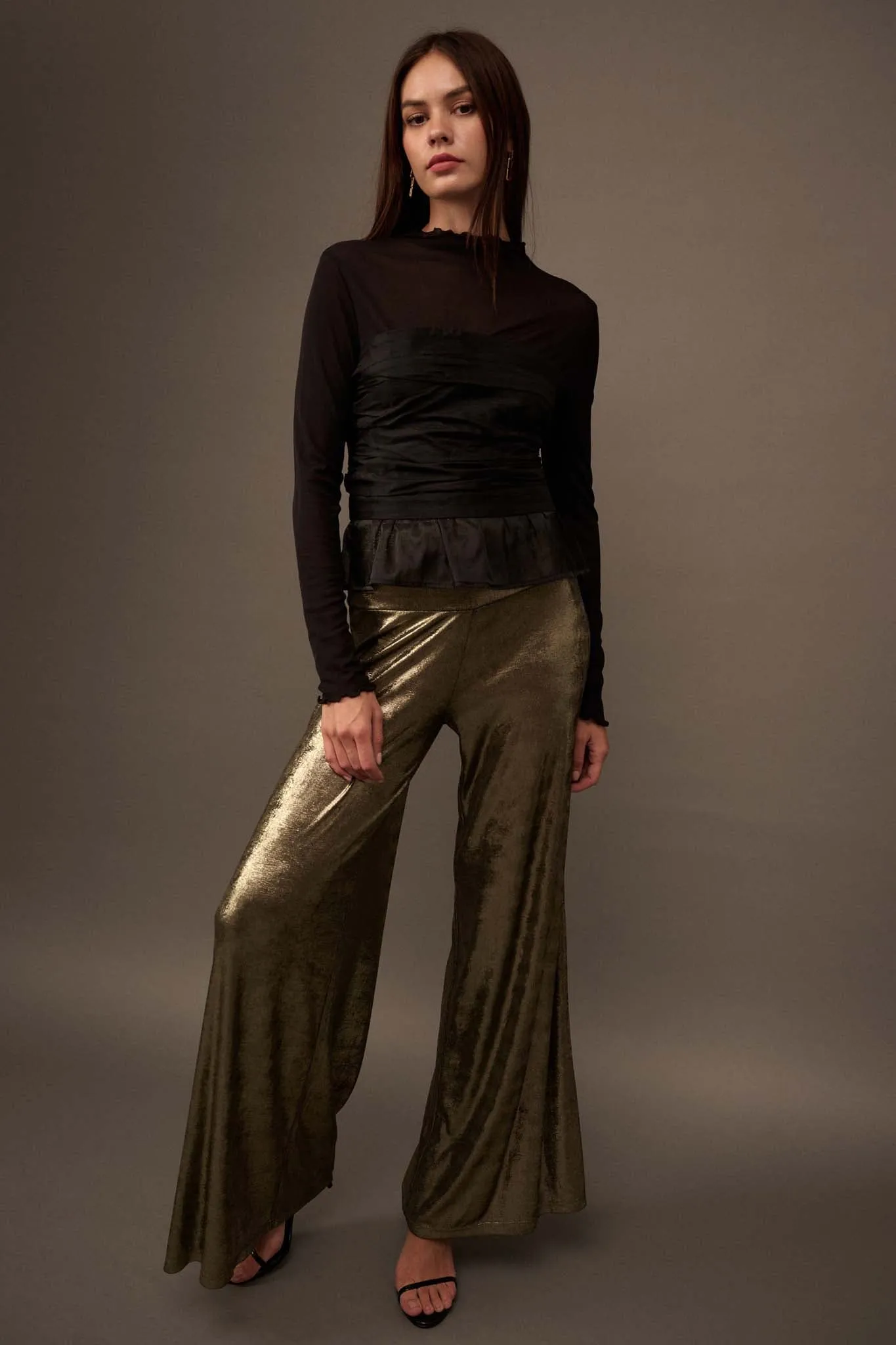 Solid Gold Metallic Wide-Leg Palazzo Pants