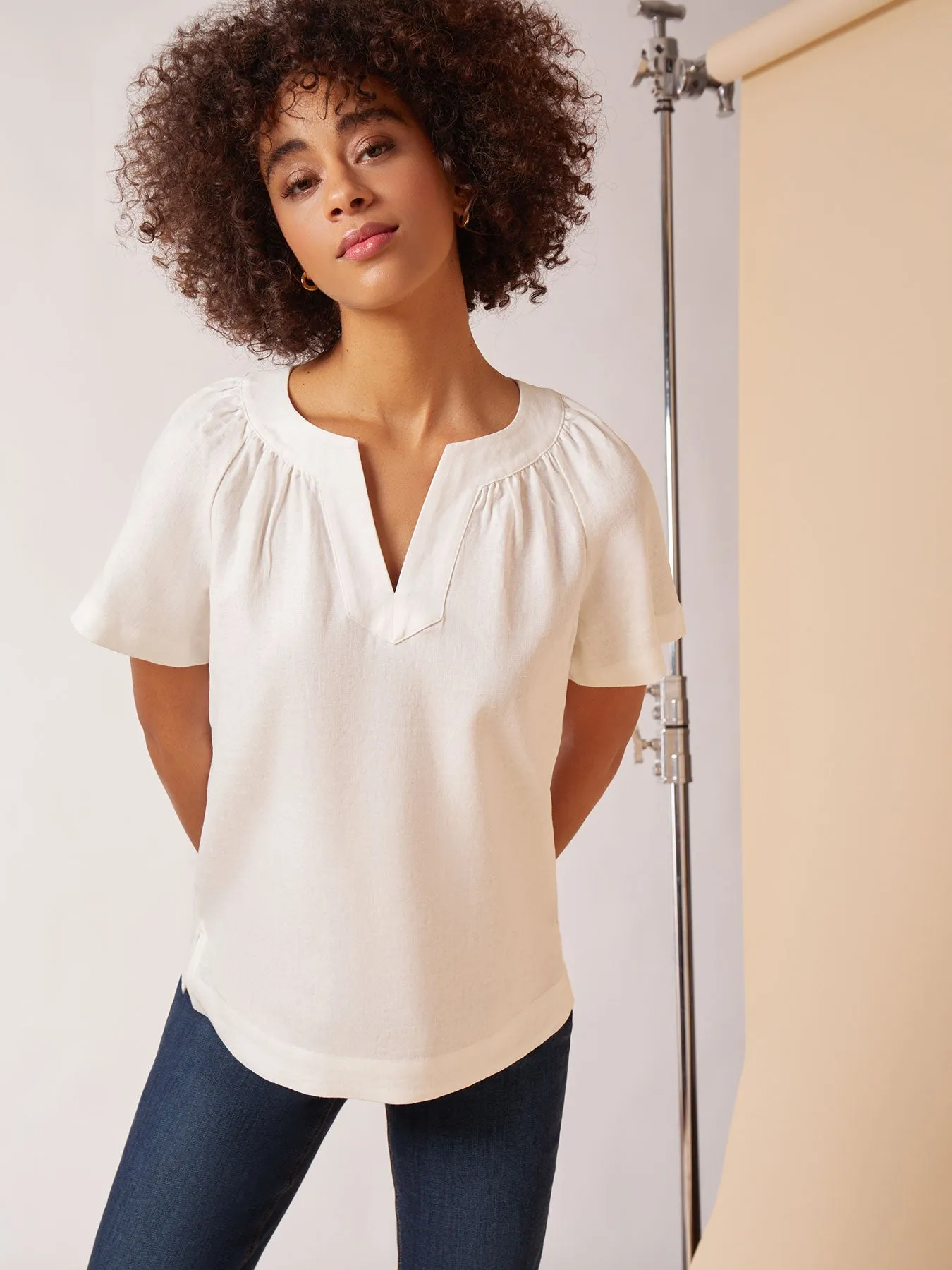 Solid Linen Blend Popover Blouse