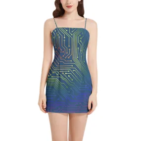 Spectral Circuit Sleeveless Square Neckline Spaghetti Strap Mini Dress