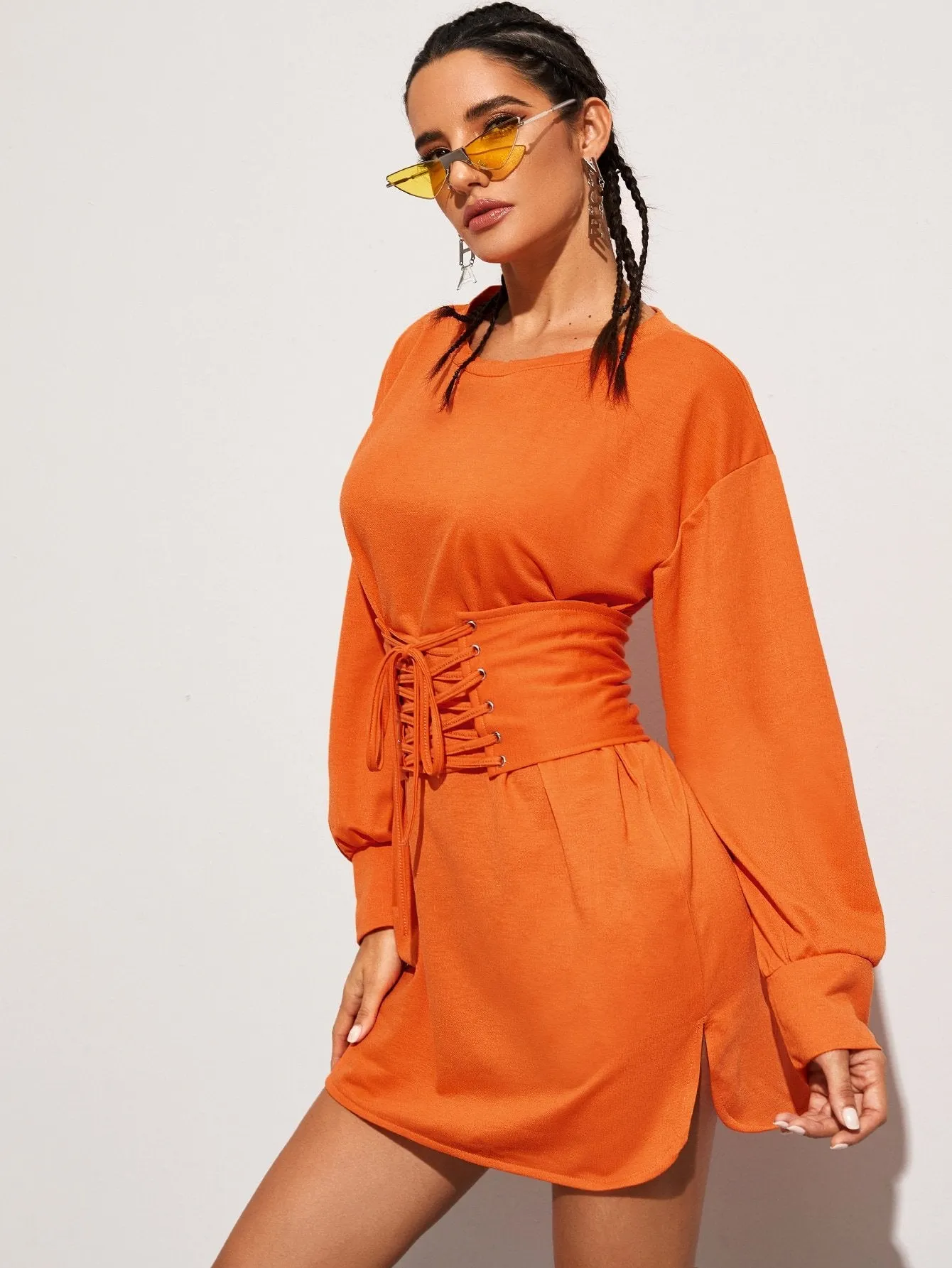 Split Side Lace Up Corset Sweatshirt Dress