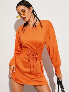 Split Side Lace Up Corset Sweatshirt Dress