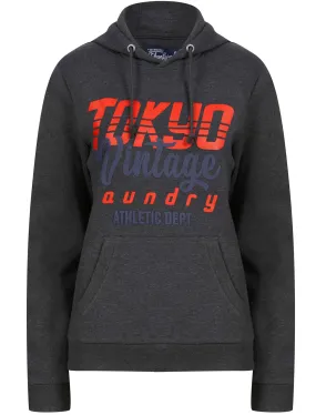 Sporty Motif Brushback Fleece Pullover Hoodie in Charcoal Marl - Tokyo Laundry