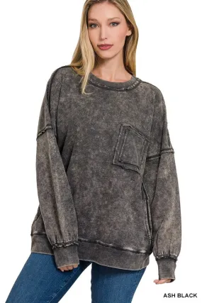 Still Wanting - Ash Black French Terry Acid Wash Front Pocket Pullover