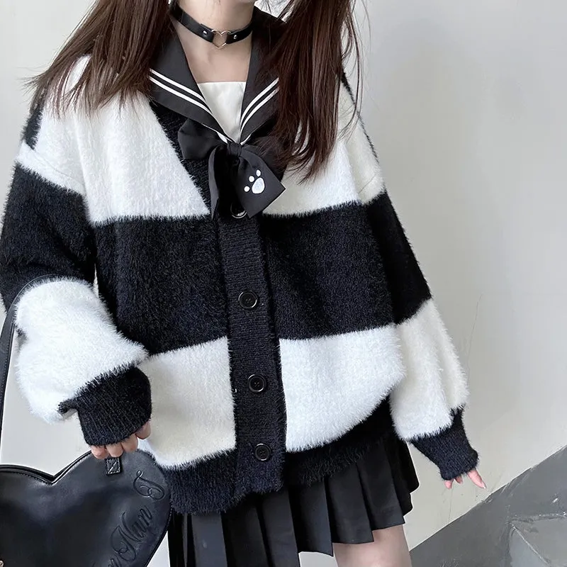 Striped Black and White Cozy Knit Cardigan