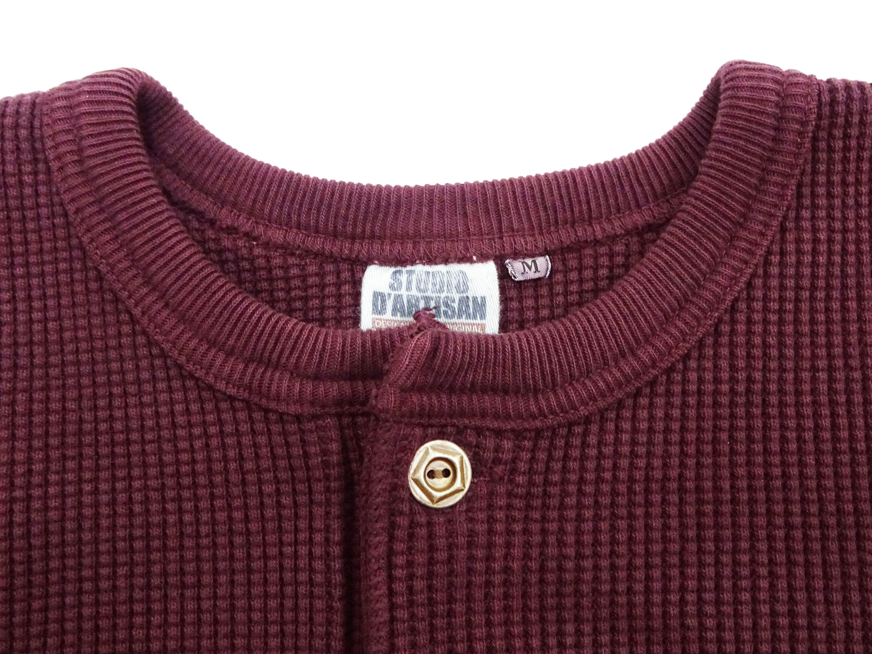 Studio D'artisan Waffle-Knit Thermal Henley T-Shirt Men's Casual Long Sleeve Plain 3-Button Placket Heavyweight Thermal Tee 9937 Burgundy