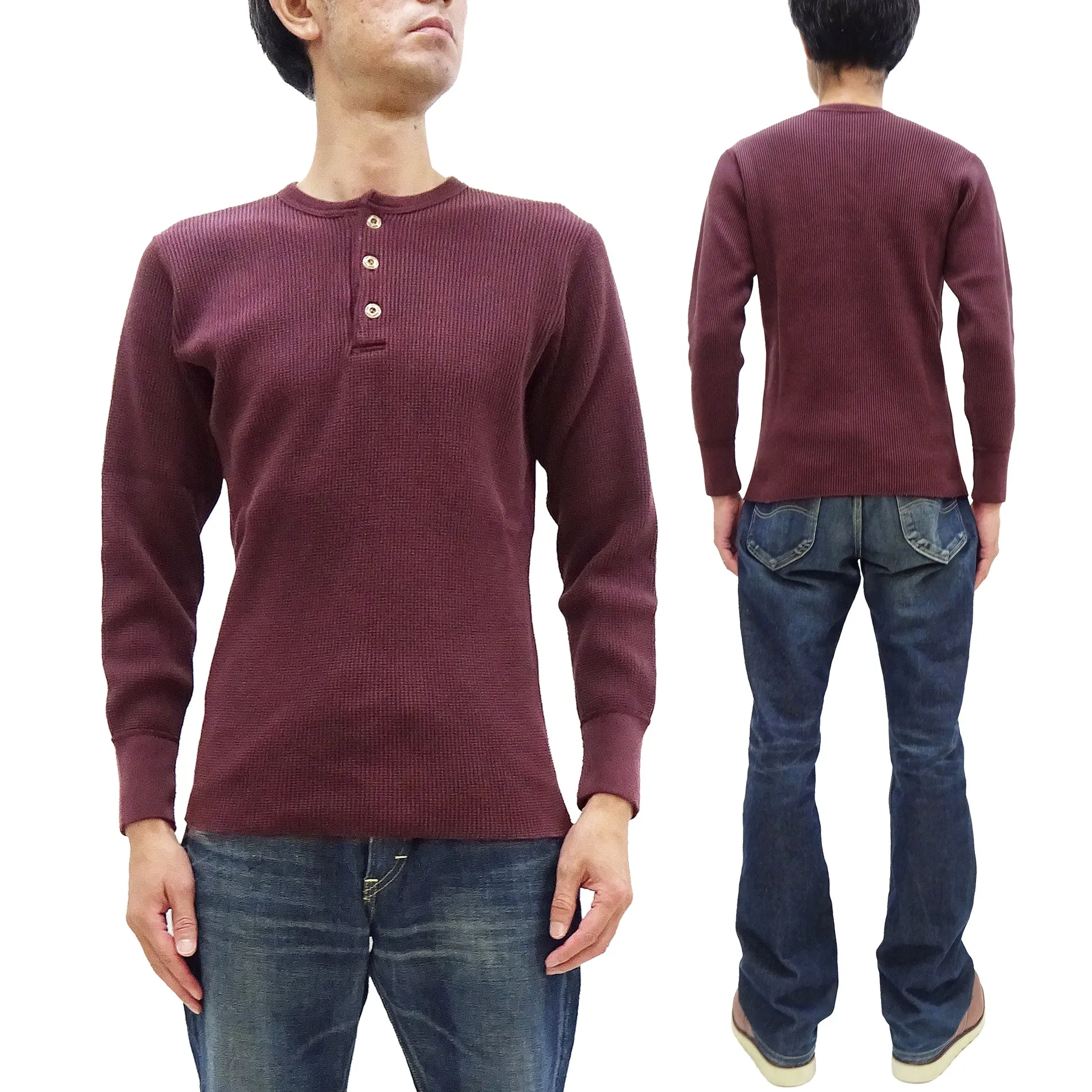 Studio D'artisan Waffle-Knit Thermal Henley T-Shirt Men's Casual Long Sleeve Plain 3-Button Placket Heavyweight Thermal Tee 9937 Burgundy