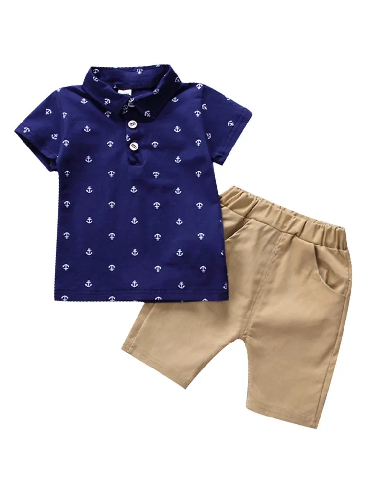 Summer Kids Polo T-Shirts Short Sleeve Cotton Suit Toddler Baby Boy Casual Navy Style Outfits Sets 2-8Y