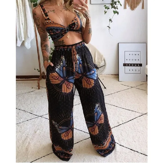 Summer Women Fashion 2 Pieces Set Tracksuit Boho Print Sexy Sleeveless Crop Top Loose Wide Leg Pants Suits Female Clothing