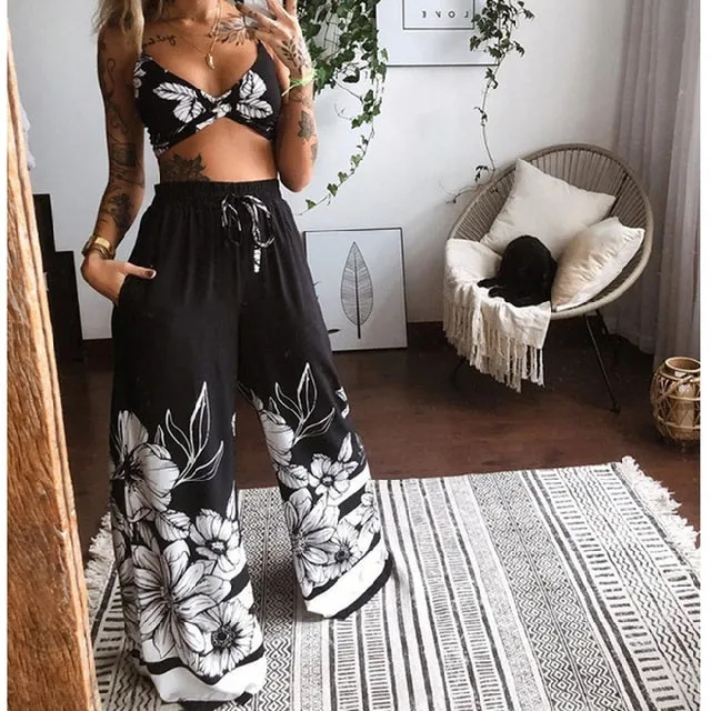 Summer Women Fashion 2 Pieces Set Tracksuit Boho Print Sexy Sleeveless Crop Top Loose Wide Leg Pants Suits Female Clothing