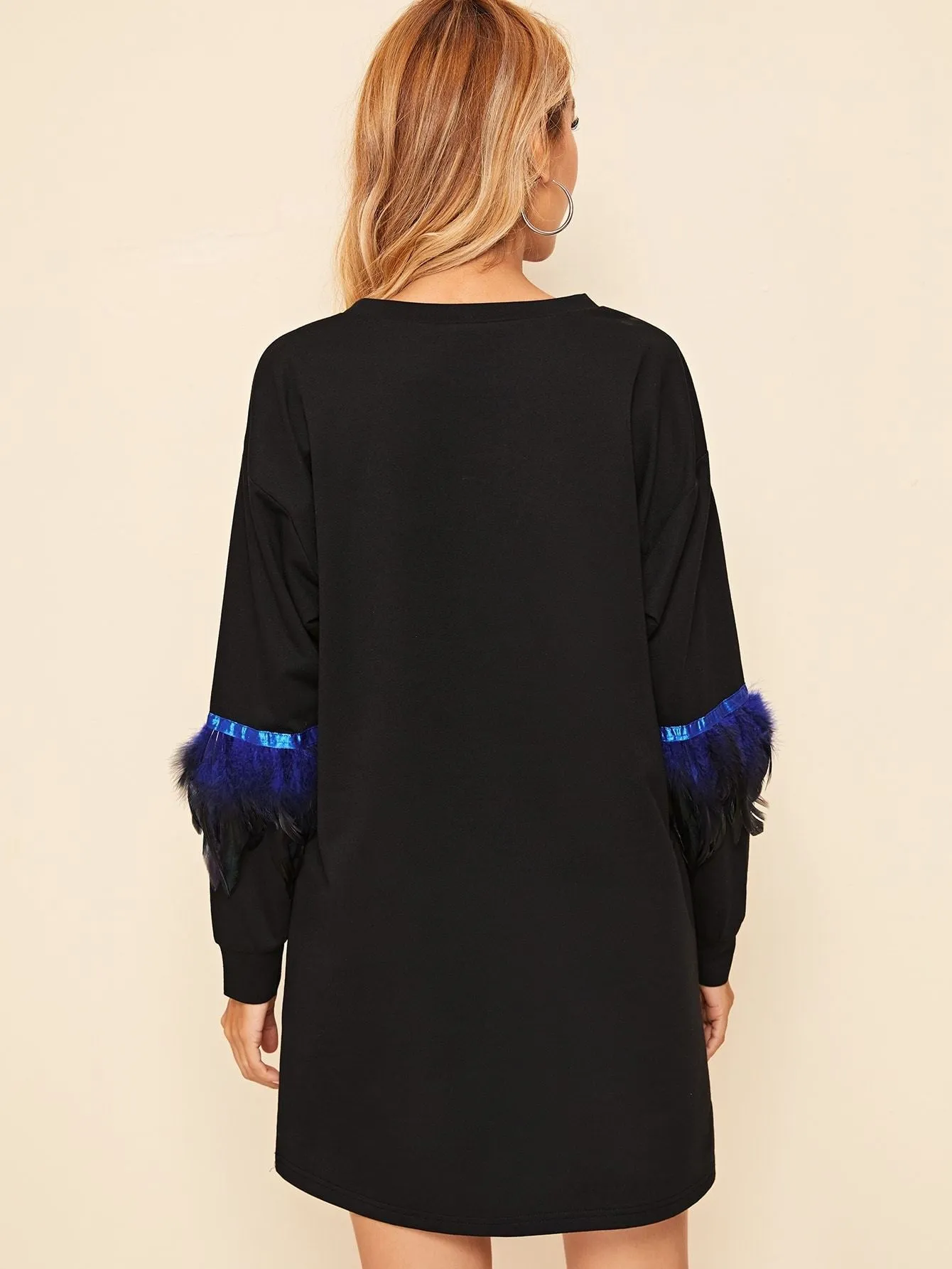 Tape and Faux Feather Detail Sweatshirt Dress