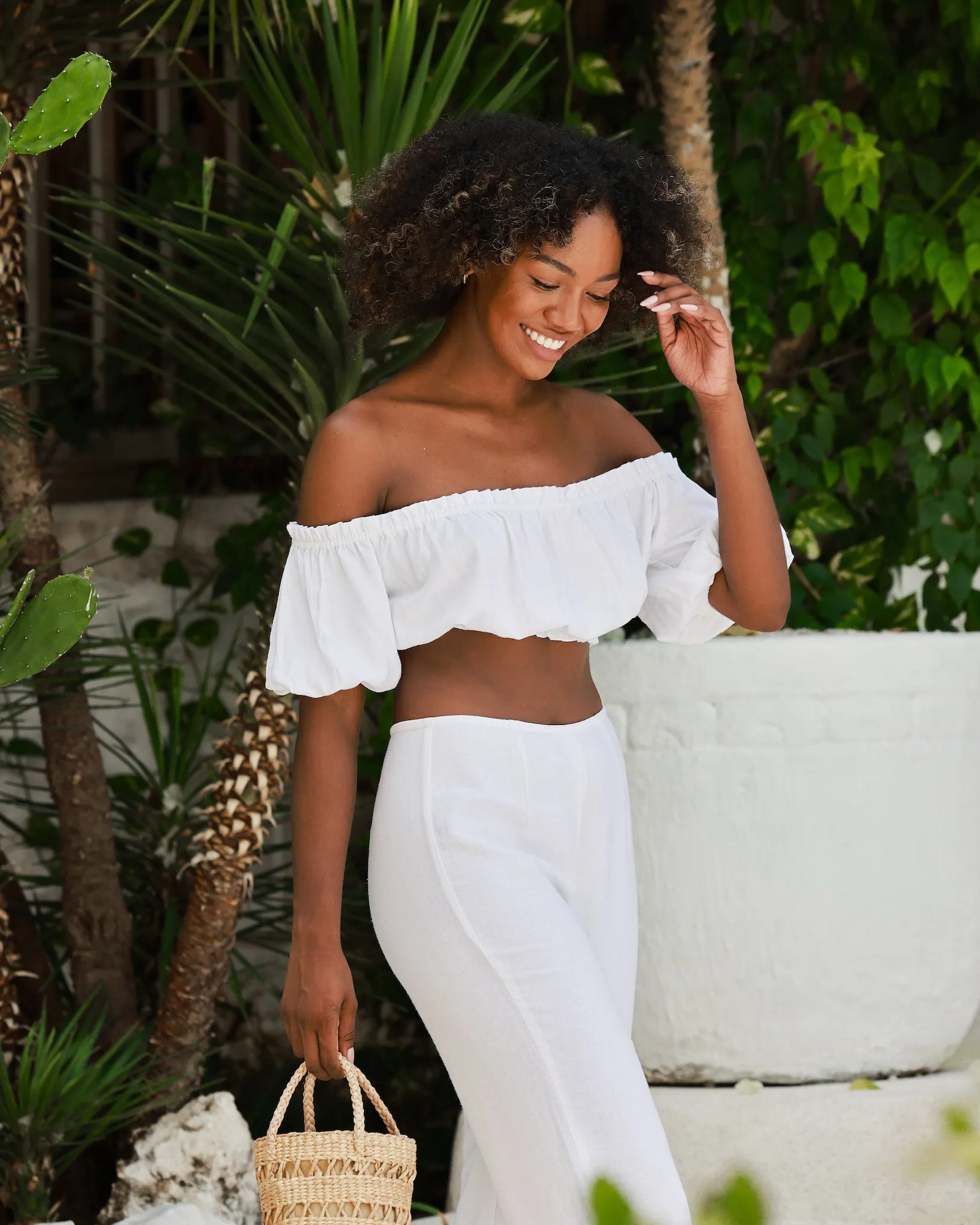 The Jetset - White Linen Off-the-Shoulder Crop Top