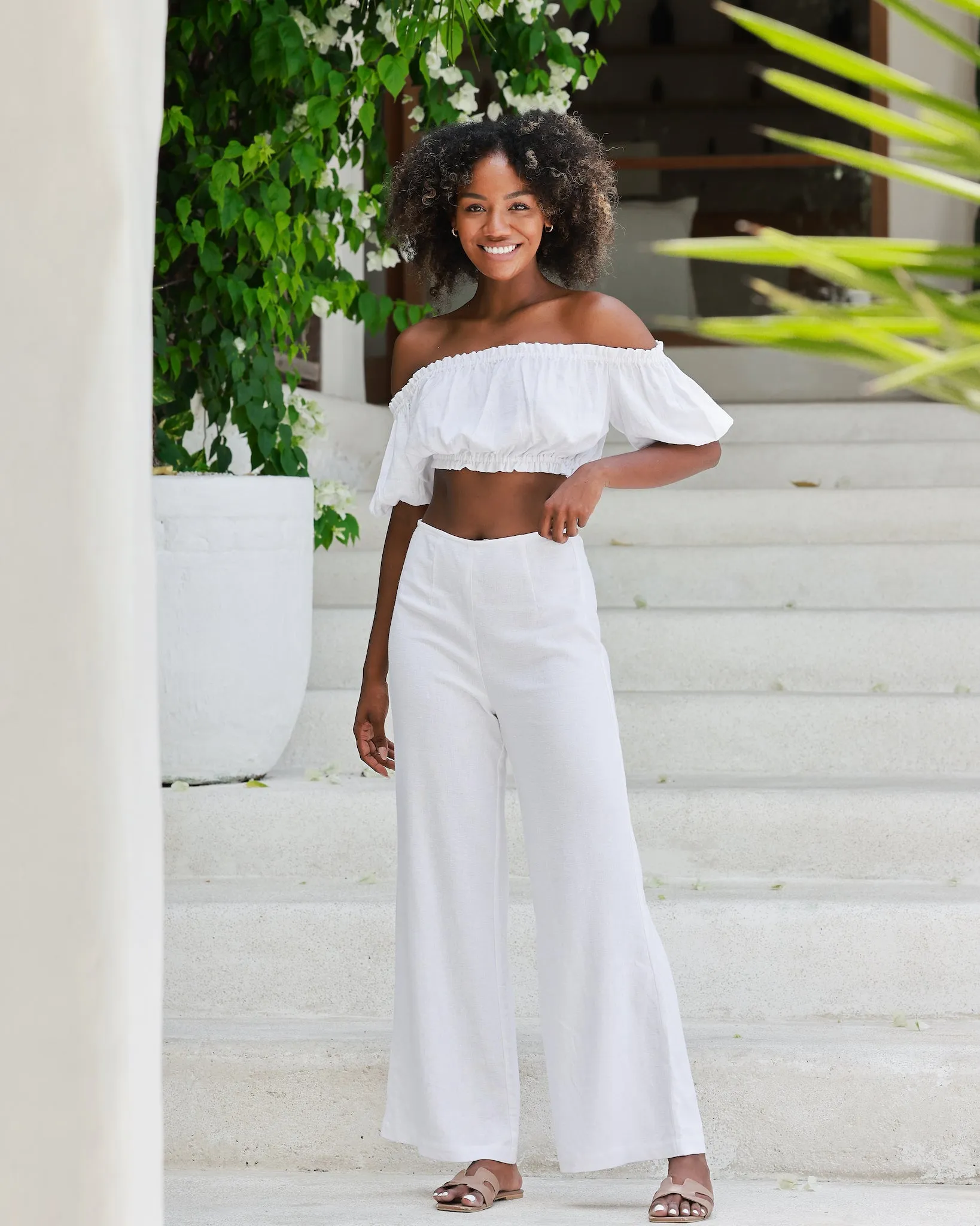 The Jetset - White Linen Off-the-Shoulder Crop Top