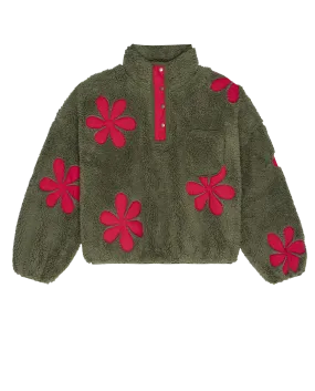 The Patch Pocket Countryside Pullover with Daisy Applique. -- Army with Hot Red