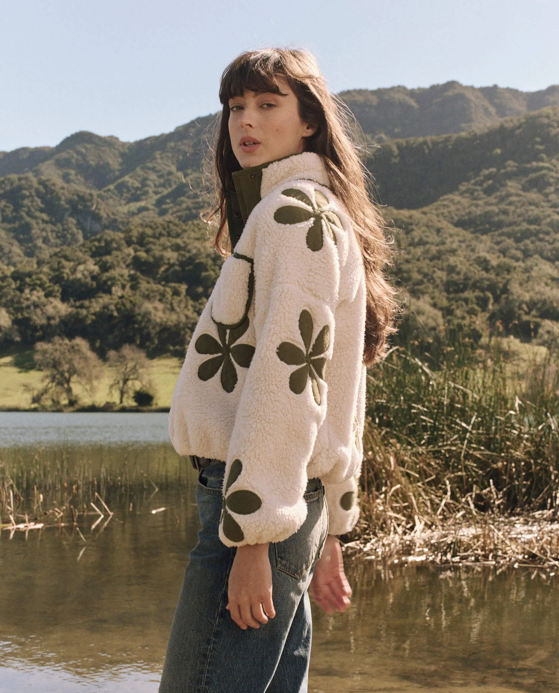 The Patch Pocket Countryside Pullover with Daisy Applique. -- Cream with Army