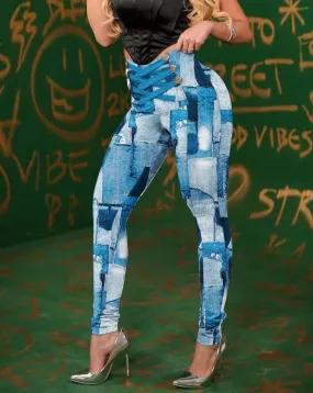 Trendy High Waist Denim Patchwork Pants