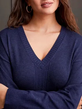 V-Neck Cable Detail Sweater - Navy