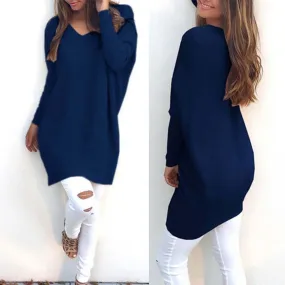 V Neck Long Sleeve Tunic Pullover Loose Knitted  Solid Color Women's Sweater