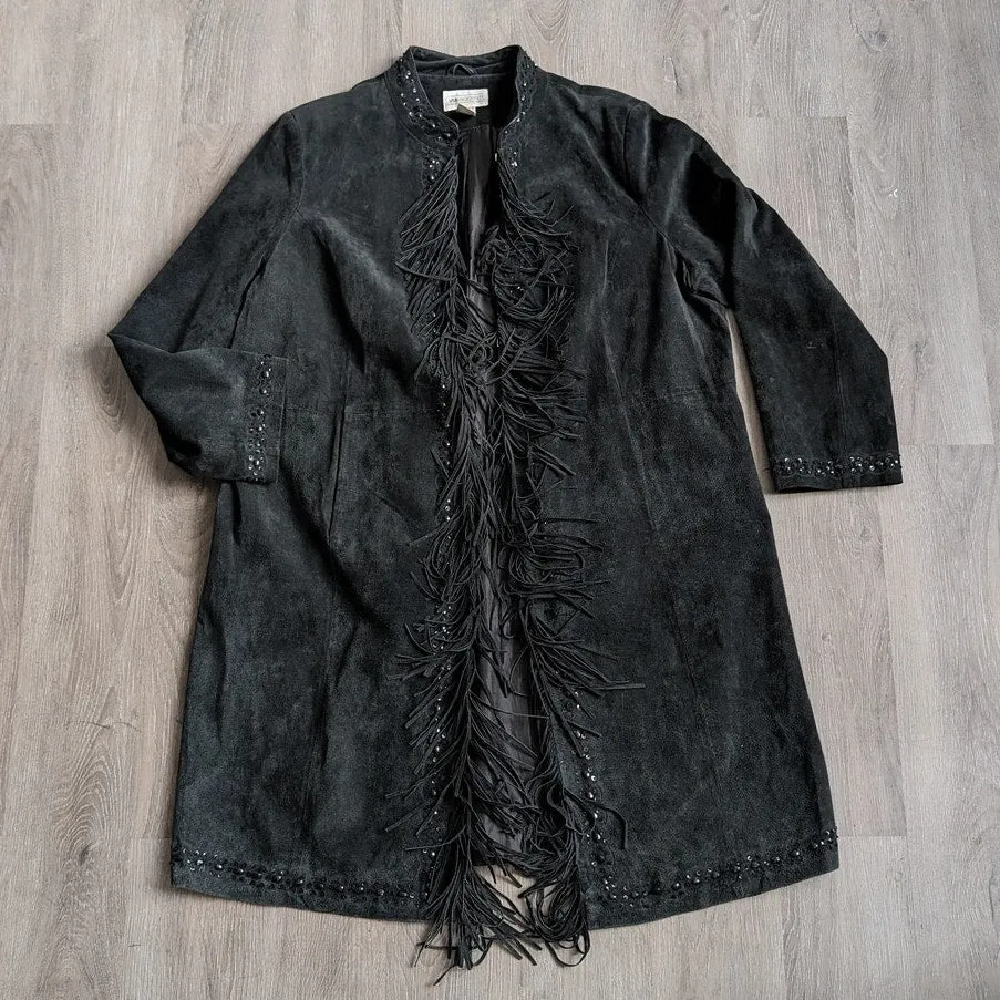 Vintage Black Leather Fringe Trench Coat Embroidered Sequin Western Suede Duster