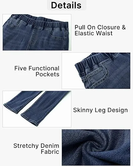 Vintage Dark Blue Women's High Waisted Elastic Slight Stretch Denim Pull On Cuffed Hem Capri Jeans Denim Pants