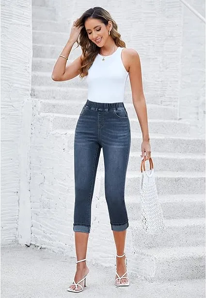 Vintage Dark Blue Women's High Waisted Elastic Slight Stretch Denim Pull On Cuffed Hem Capri Jeans Denim Pants