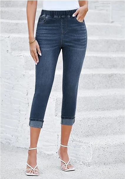 Vintage Dark Blue Women's High Waisted Elastic Slight Stretch Denim Pull On Cuffed Hem Capri Jeans Denim Pants