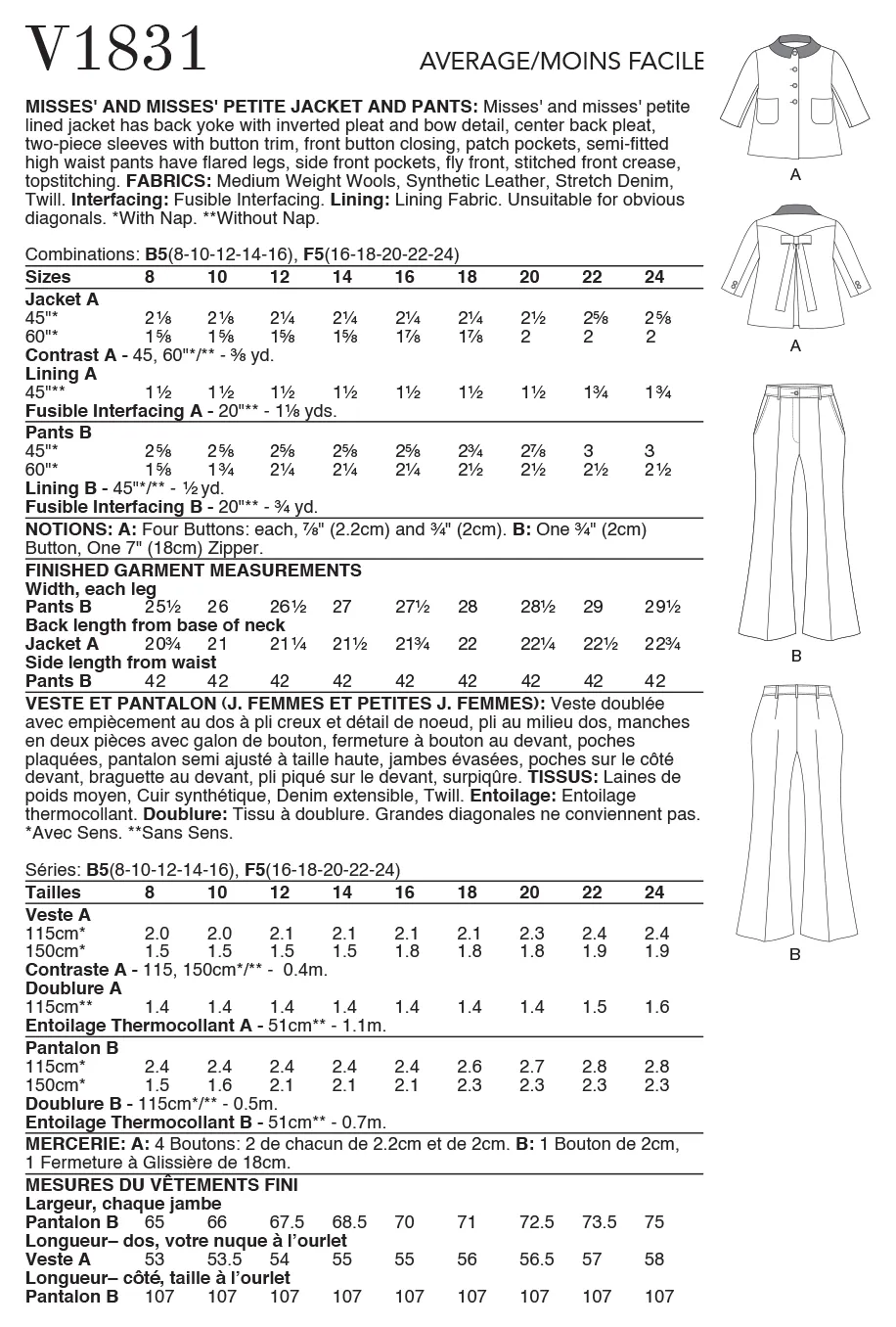 Voguepattern V1831  Misses' and Misses' Petite Jacket and Pants