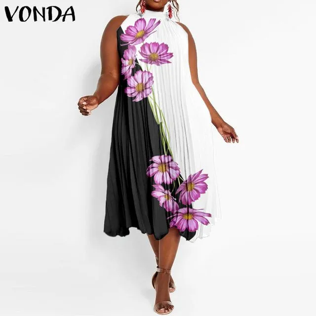 VONDA Satin and Silk Sleeveless Stand Collar Poly-Spandex Befree Dress