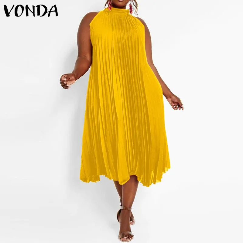 VONDA Satin and Silk Sleeveless Stand Collar Poly-Spandex Befree Dress