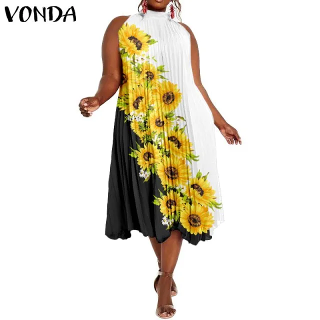 VONDA Satin and Silk Sleeveless Stand Collar Poly-Spandex Befree Dress