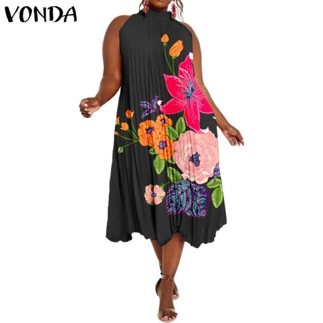 VONDA Satin and Silk Sleeveless Stand Collar Poly-Spandex Befree Dress