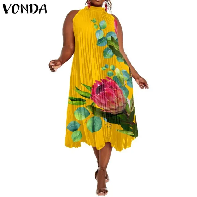 VONDA Satin and Silk Sleeveless Stand Collar Poly-Spandex Befree Dress