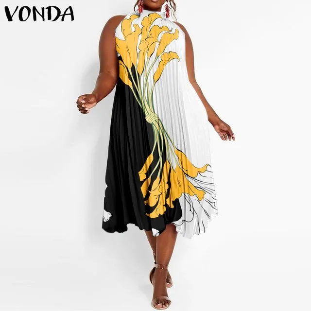 VONDA Satin and Silk Sleeveless Stand Collar Poly-Spandex Befree Dress