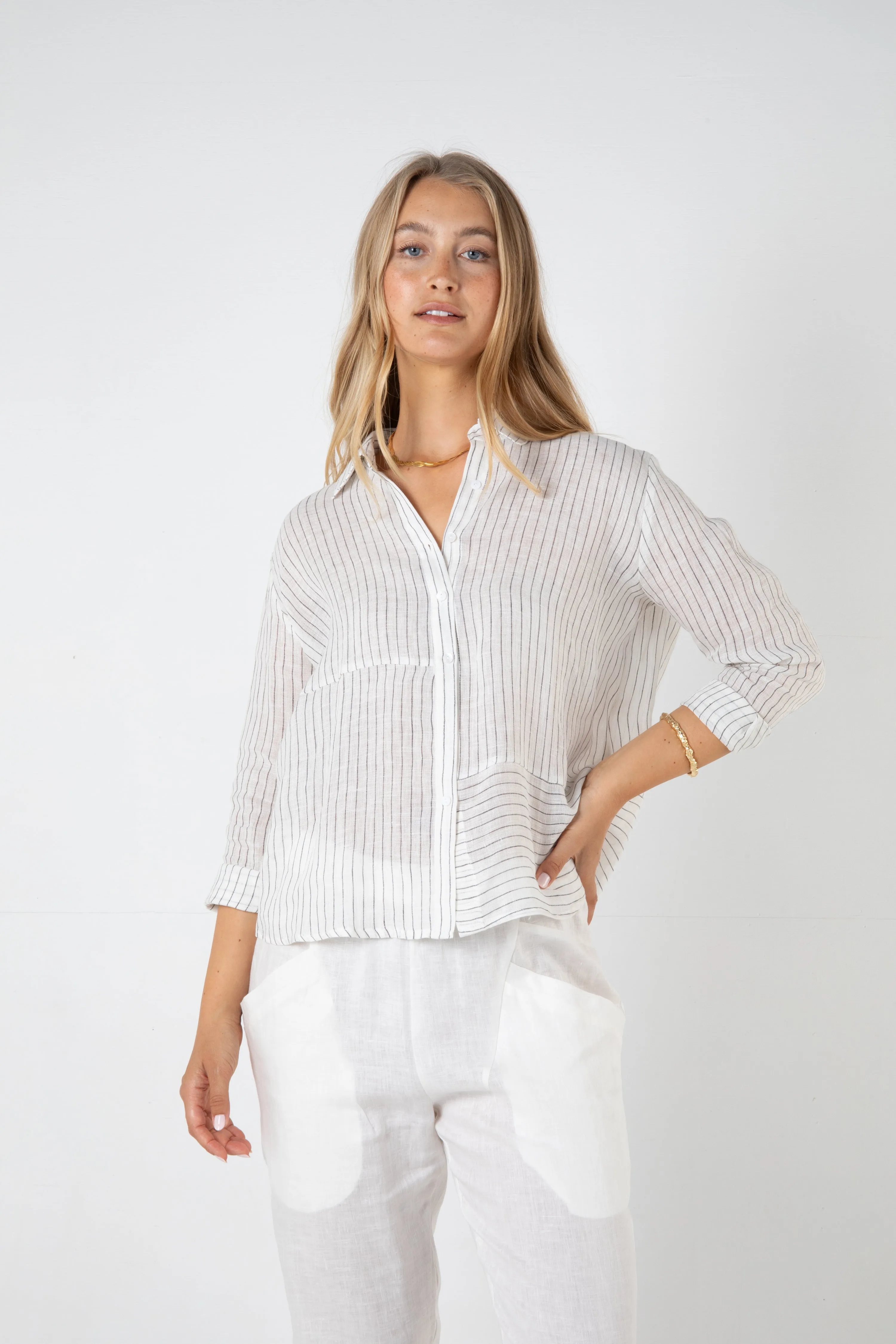 WESLEY LINEN SHIRT - SAND STRIPE