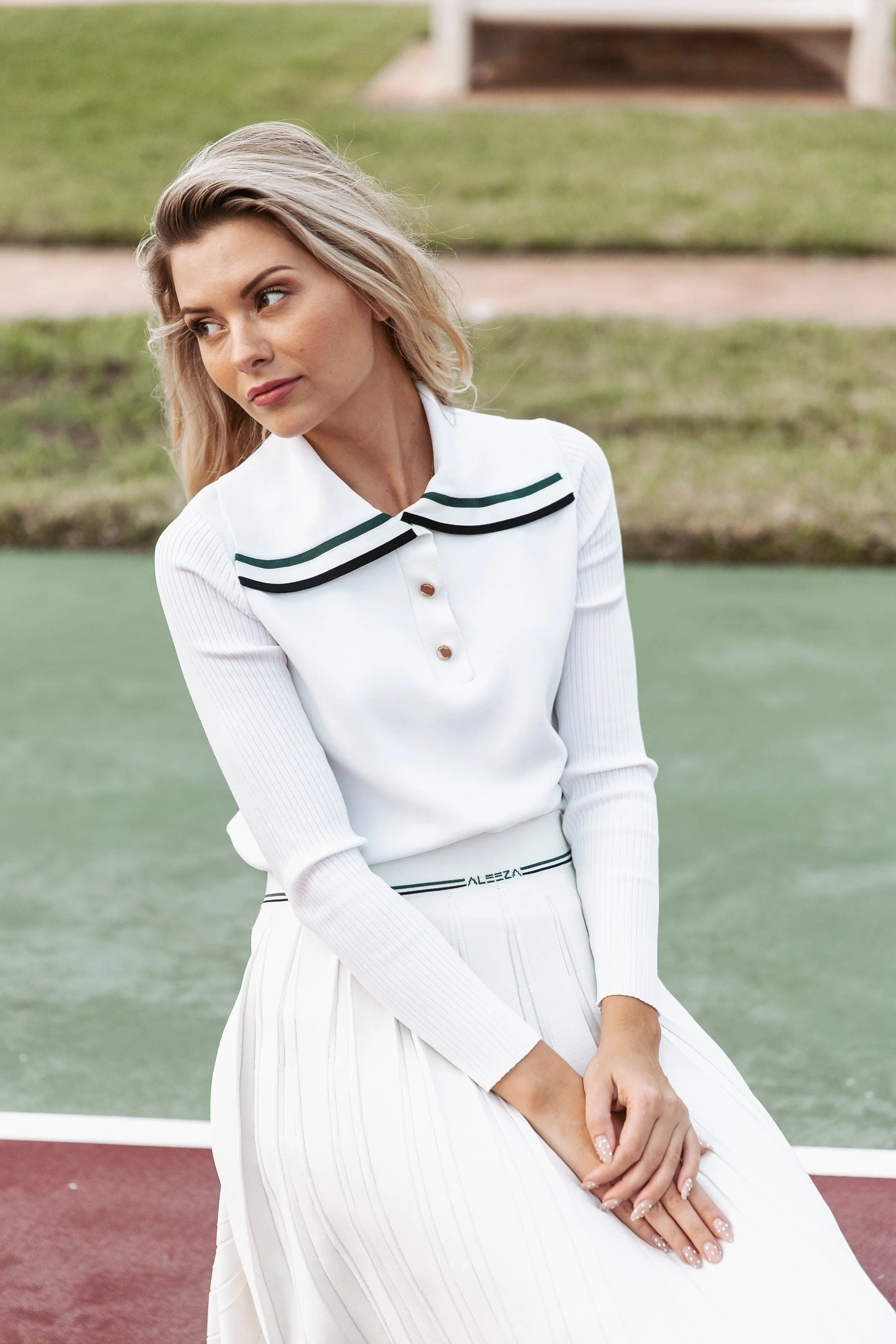 White Knit Pleated Tennis Skirt With Aleeza Strip